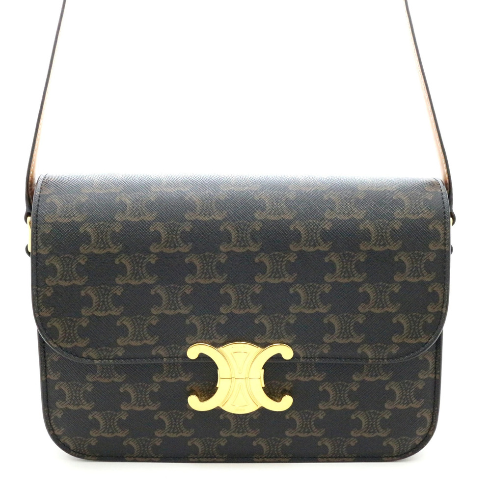 Celine Triomphe Shoulder Bag Canvas Leather Dark Tan Brown